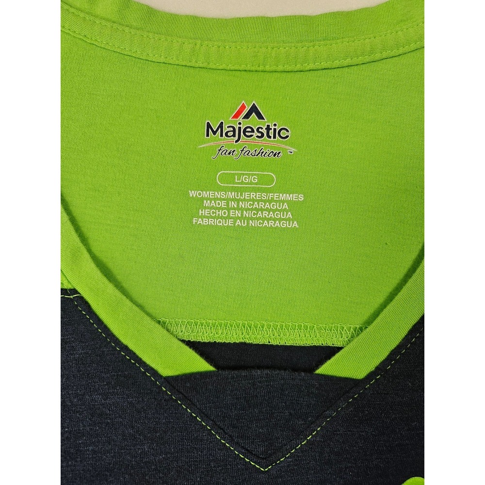 Majestic Seattle Seahawks Women's V-Neck Tee‎ Navy Blue Neon Green Logo Size Lg - Picture 4 of 9